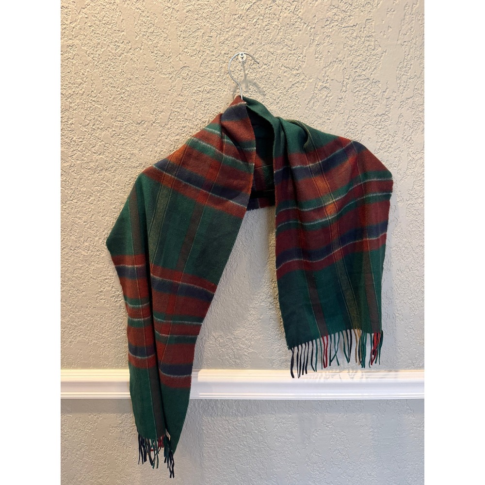 100% Cashmere Plaid Scarf Made in England Green‎ Red Blue Fringe